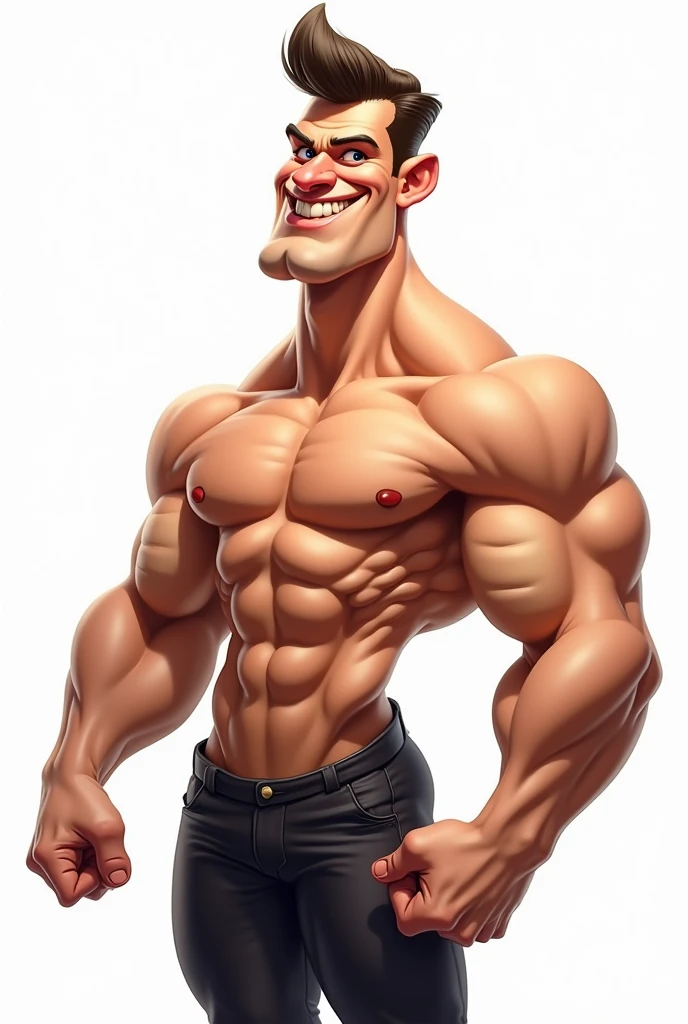 Caricature of a handsome muscular man, huge arms,white background, abs, flat stomach, posing seductively like a model