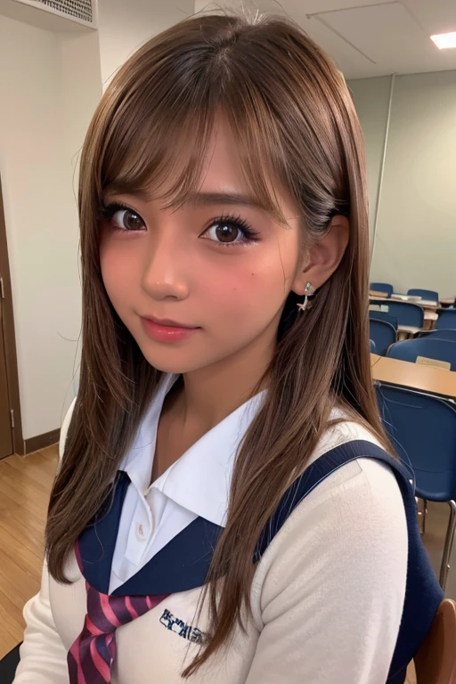 (Highest quality、4K、8k、High resolution、masterpiece:1.2)、Very detailed、(Genuine、Realistic、Realistic:1.3)、classroom、Ear piercing、Worn school uniform、Gal Makeup、Gal Fashion、((Brown Hair))、high school girl、