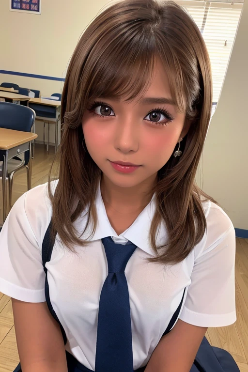 (Highest quality、4K、8k、High resolution、masterpiece:1.2)、Very detailed、(Genuine、Realistic、Realistic:1.3)、classroom、Ear piercing、Worn school uniform、Gal Makeup、Gal Fashion、((Brown Hair))、high school girl、