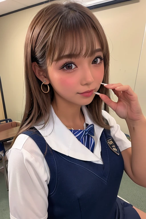 (Highest quality、4K、8k、High resolution、masterpiece:1.2)、Very detailed、(Genuine、Realistic、Realistic:1.3)、classroom、Ear piercing、Worn school uniform、Gal Makeup、Gal Fashion、((Brown Hair))、high school girl、