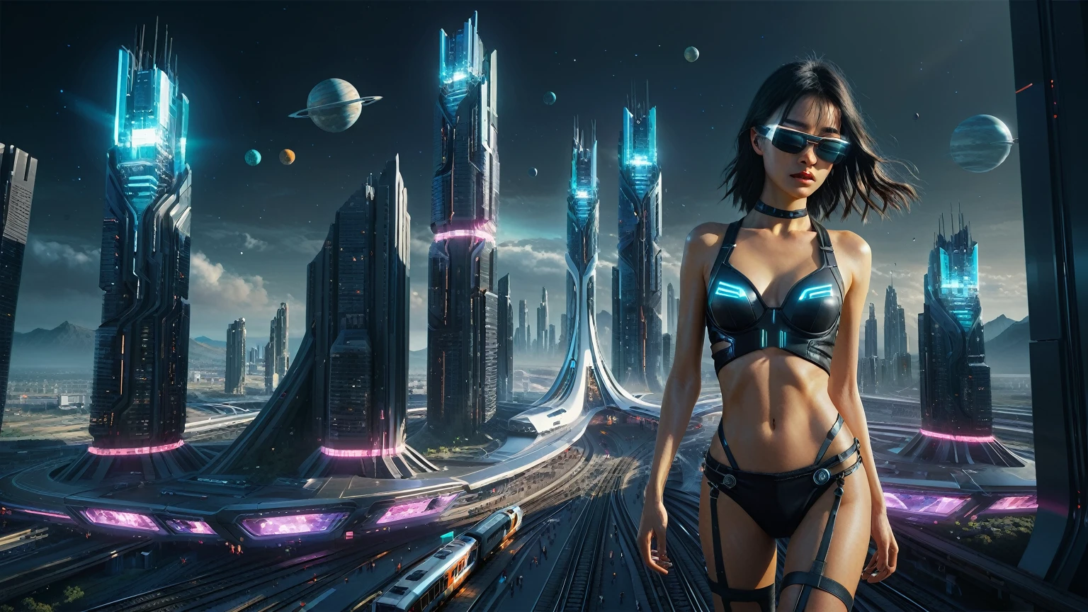 Brightly colored abstract aerial view image of a futuristic railway station with a spiral, a (((((futuristic train))))) passing by, epic beautiful space sci-fi, chaotic cinematic space rift, Greg Beeple, planets colliding, Beeple and Tim Hildebrandt, Beeple and Jean Giraud, end of the universe, galaxy space sci-fi, ringworld, by Mike "Beeple" Winkelmann. Matrix style, (((((Matrix cascading code))))), (((((a futuristic twin tower skyscraper with a unique twisted design))))), (((((OLED GUI interfaces in the building))))), at night, (((((1girl, solo))))), photo realistic, (((large-breast:1.2 body, cleavage))), (((off broken mini sling-shirt and black sling bra, extreamly short pleated miniskirt exposing panty))), (((((running pose))))), (((((((matrix style black micro sunglasses))))))), ((((((((((aiming with a short gun)))))))))), (((((looking at camera))))), (((very low view))), (((((half-body thigh level medium shot))))), (((cinematic lighting))).