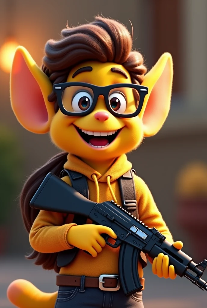 CHIP CHARACTER, SMILING, WITH AK 47, WITH BLACK GLASSES, EXCITED