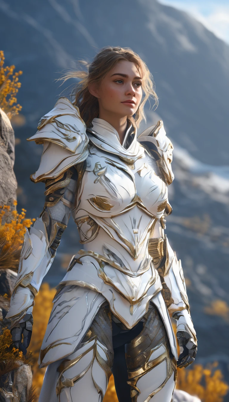 mountain, hxarmour,1girl,(white armour:1.3),, ultra-detailed,extremely delicate and beautiful,(by exquisite colors block),masterpiece,best quality,unreal engine 5 rendering,movie light,movie lens,movie special effects,detailed details,HDR,UHD,8K,CG wallpaper,