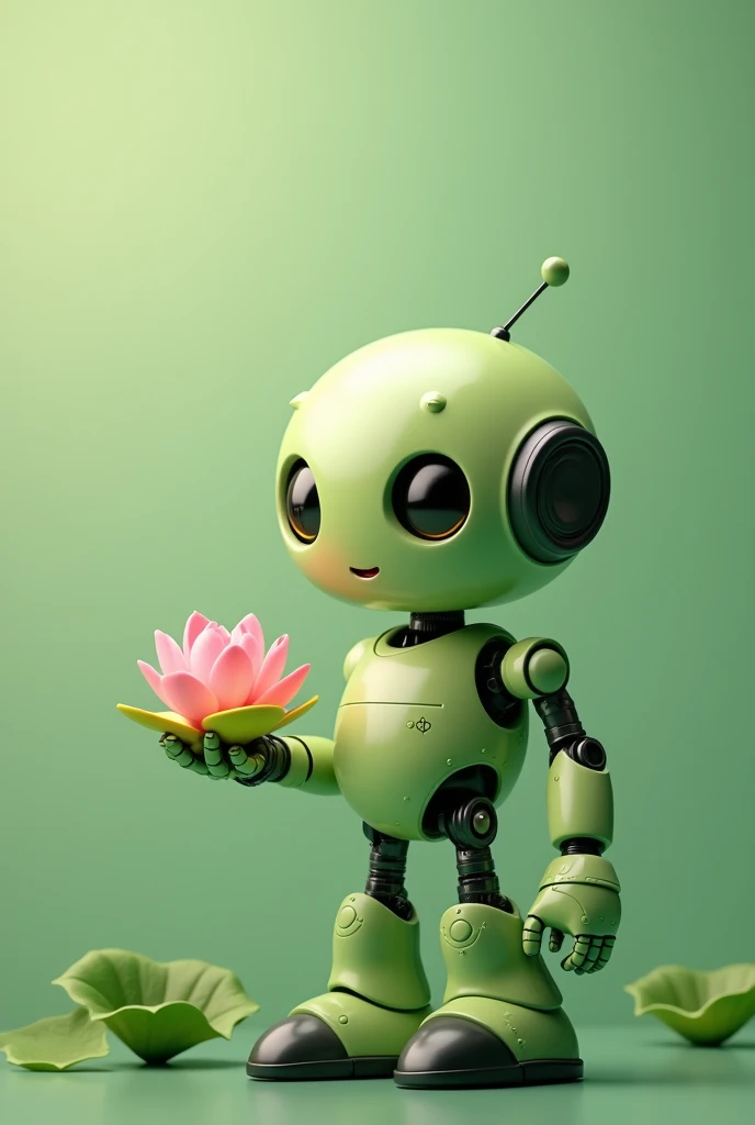 Light green chubby friendly robot with a lotus flower in the palm of its hand