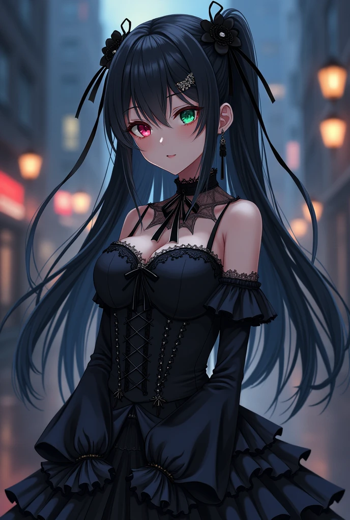 Anime Girl、dark、Gothic Lolita、Black Hair、Smooth Long Hair、Twin tails、Turquoise Eyes、Black ribbon in hair、Apathy、The chest is large、In the bird cage