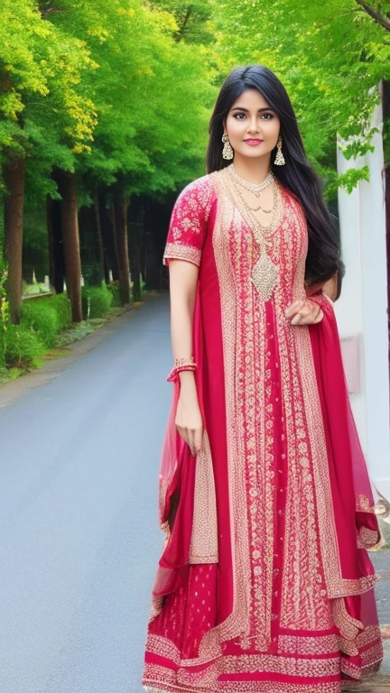 In traditional pakistani dresses, seductive pose, standing in street, wearing diamond necklace, hands on breast