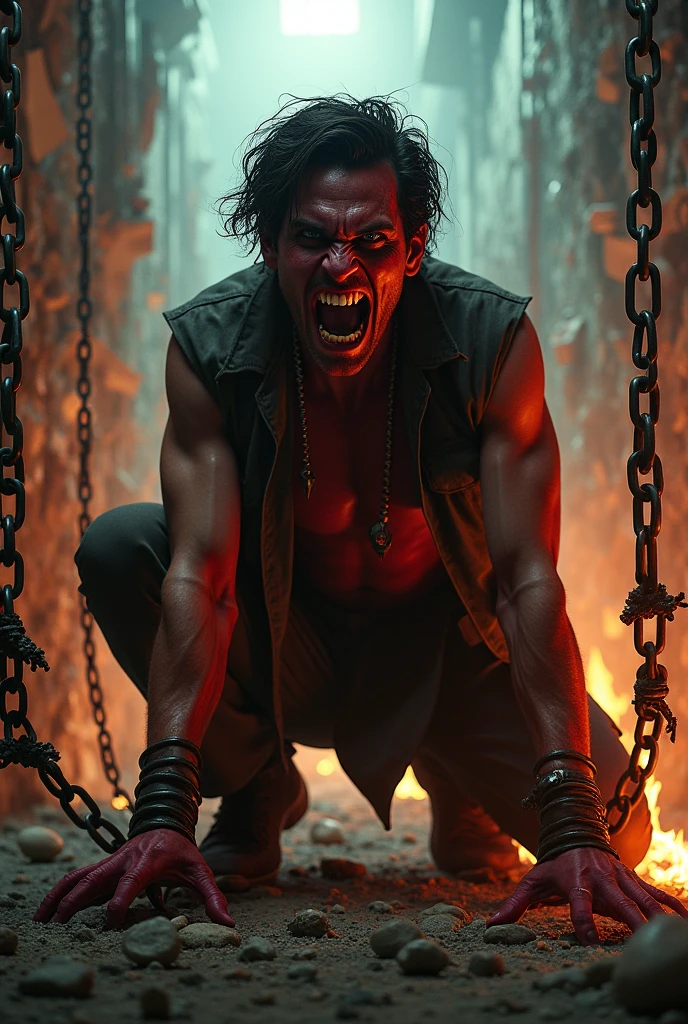 Josh Hutcherson kneels on the floor, snarling and barring his sharp fangs. His arms and legs are restrained by chains embedded on a sturdy wall. His skin turns red. His eyes glow red. The setting is in a destroyed, burning laboratory