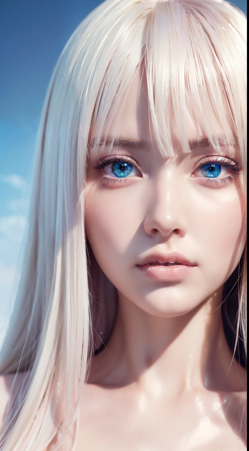 Beautiful girl with super long light pink platinum blonde hair、Bangs between the eyes、Tabletop, Highest quality, figure, Very detailed, In detail, High resolution, 8k wallpaper, Perfect dynamic composition, Beautifully detailed bright sparkling pale sky blue eyes,Very large eyes、 Women's Fashion Summer,Super long hair,Huge boobs、Natural color lip, Bold sexy pose,,cute、20-year-old girl、Beautiful girl with a small face、sexy shot looking at camera、Cheek gloss highlighter