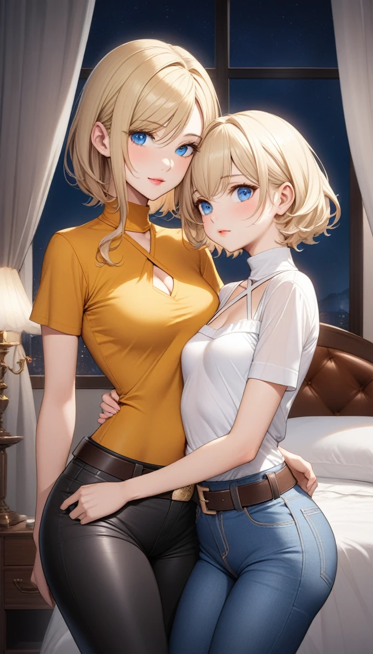 Two beautiful ladies ((lady 1: 35y old mom, with short straight blonde hair, lady 1 with blue eyes and caucasian skin, lady 1 wearing Tight Jeans and Leather Belt, lady 1 Sexy Criss Cross Mock Neck Short Sleeves Orange Blouse)), ((lady 2: 13y old daughter, with short straight blonde hair, lady 2 with blue eyes and caucasian skin, lady 2 wearing Tight Jean Shorts and Leather Belt, lady 2 Sexy Criss Cross Mock Neck Short Sleeves Yellow Blouse)), luxurious jewelry, 18k gold wedding ring on left hand, standing in their bedroom at night, hugging and kissing each other, (light brown lipstick), (elegant mascara), (slim body), (small breasts), (wide hips), endjourney, <lora:GoodHands-, <lora:GoodLegs-, UHD, high resolution, (expressive eyes, perfect face, full body, expressive face, perfect body, perfect pussy, athletic, fit, slim body, blushing, Perfect makeup, eyeliner, beautiful eyelashes, smiling, horny face), ((best illumination, best shadows)), ((sexy pose)), ((Front pov:1.1))