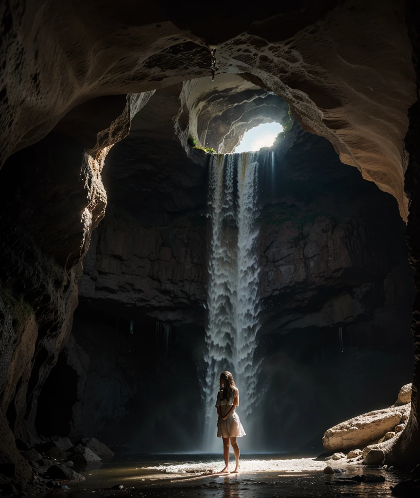 "A young girl, mesmerized by the stunning beauty of the Cave of Wonders, stands in the soft glow of the cave's interior, her delicate features illuminated by the radiance of huge gemstones. The enchanting waterfalls cascade gracefully in the background, creating a scene of pure, mystical wonder.
