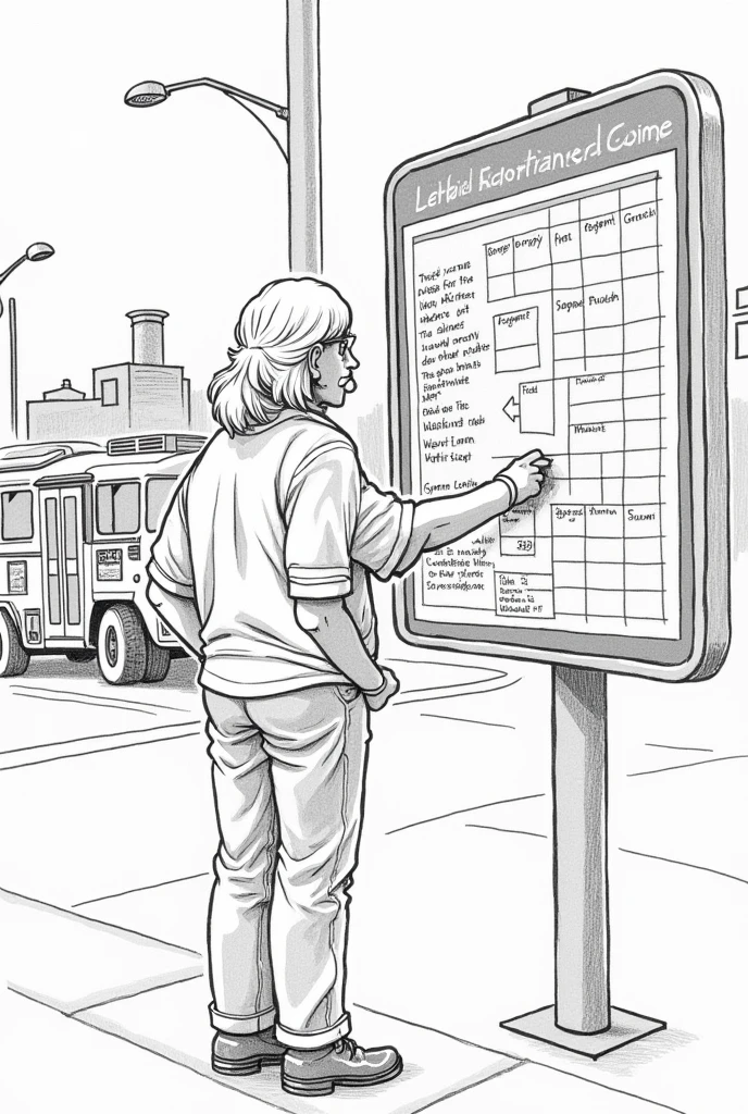 Drawing of a person checking the bus schedule and whether its route is close or far away