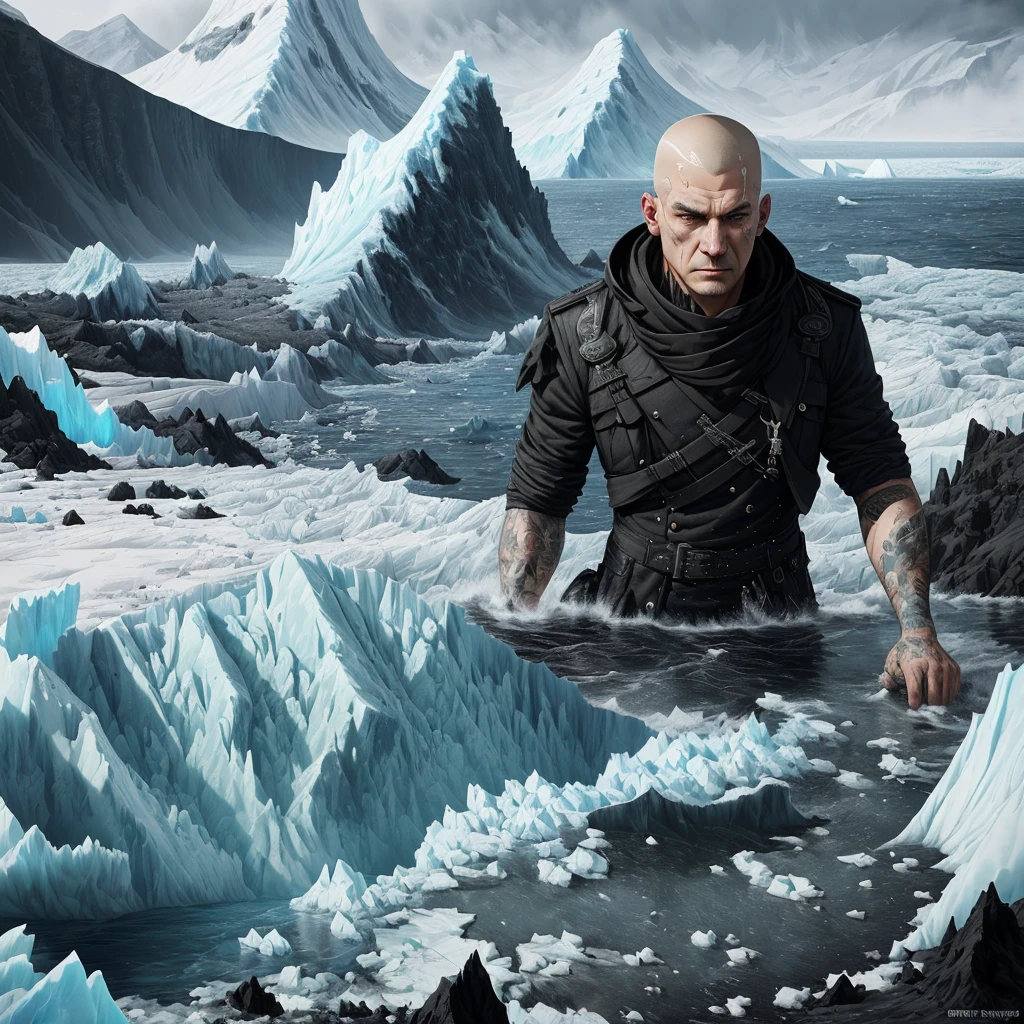 Gray Hair, Blurred, Splash, (Complex details), Highly stylized impressionist painting, Low contrast, Shaved head, (Complex), Greg Rutkowski, scenery, river, Sharp focus, (Natural skin texture), grass hill, Black coloring, Messy, Captures the vivid contrast of (Collapsing iceberg:1.2) And thrive,