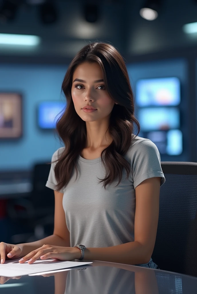 A very beautiful indian female news anchor wearing jeans tshirt fair sharp features sitting behind news desk with mic Computer