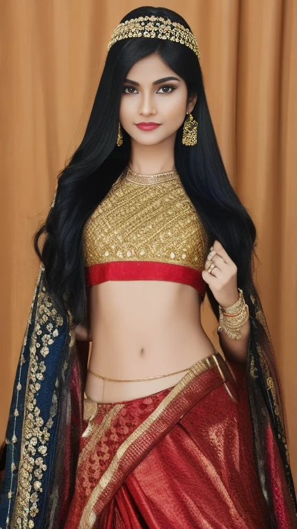 indian women,sexy ,detailed eyes,detailed lips,long black hair,golden jewelry,flowing fabrics,navel,sexy top wear,vibrant colors,ornate headpiece,ornamental hilt,confident expression,graceful pose,beautiful backdrop,warrior princess