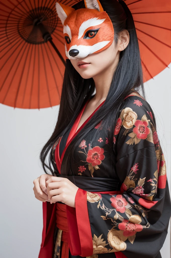 Ultra-realistic capture, Highly detailed, High resolution 16k close-up of human skin. Skin texture must be natural, With such detail that pores can be finely identified, Skin should look healthy, In a uniform tone, Use natural light and color, photo realistic, Full Body Shot, full body, girl wearing a black and red costume holding a japaneese fox mask, with kitsune mask, wearing a japaneese kitsune mask, japaneese fox mask on head, kitsune mask, japaneese, anime cosplay, kitsune, yukata clothing a beautiful
