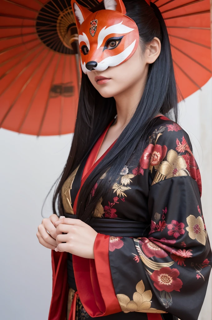 Ultra-realistic capture, Highly detailed, High resolution 16k close-up of human skin. Skin texture must be natural, With such detail that pores can be finely identified, Skin should look healthy, In a uniform tone, Use natural light and color, photo realistic, Full Body Shot, full body, girl wearing a black and red costume holding a japaneese fox mask, with kitsune mask, wearing a japaneese kitsune mask, japaneese fox mask on head, kitsune mask, japaneese, anime cosplay, kitsune, yukata clothing a beautiful