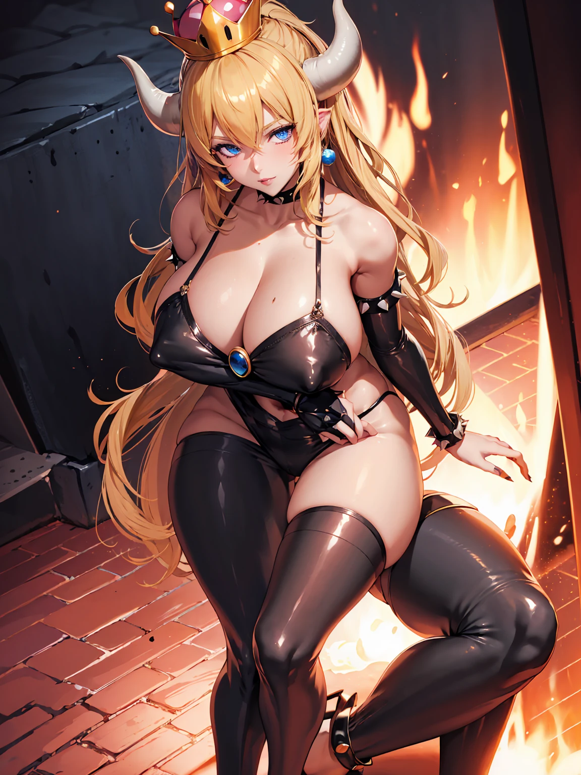 ((high detailed, best quality, 4k, masterpiece, hd:1.3)), ((best quality)), (((HD))), (((8k))), (ultraDH), (ultra HD), Princess Daisy, blue eyes, BREAK blue eyes, seductive, attractive, smooth anime cg art, 36C breasts, long legs, vivid colors, detailed digital art, slim body, perfect skin, dark blonde hair, long hair, blonde hair, blonde hair, BREAK crown, cleavage, 36C cleavage, looking at viewer, BREAK looking at viewer, extremely detailed face, red santa suit, red santa claus suit, santa claus suit, earrings, gem, dark black makeup lips, dark gothic eyeshadows, dark eyeshadows, black eyeshadows, black sexy lips, black lips, (dark:1.2), dark lips, very dark lips, (perfect hands, perfect anatomy), black makeup, black medium lips, black thick lips, detailed fingers, five fingers per hand, 5 fingers, (1 girl), detailed lips, detailed black lips, black painted lips, gothic painted lips, BREAK night, night sky, (breast focus), (arms outstreched:1.2), (from above:1.1), (breasts out:1.3), (off shoulder:1.1), (white horns), (bra), inside a lava castle, she inside a sea of lava, she bathing in lava,