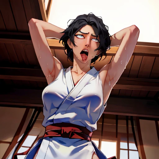 ((((masterpiece, best quality, high resolution)))), Extremely detailed 8K, 1 female, wearing a white Karate gi, (ahegao),white eyes, Small breasts, sash, japanese clothes,  No underwear,No eyeballs, Facing the audience, looking at the audience, tired, from below, (Exposed armpit:1.1), ((armpit:1.2)), sexy, Sweating, More and more sweat,(ahegao), (Roll your eyes),  open mouth, Sticking out tongue, saliva, Slobber,Skinny, raise arms, (arms above head:1.5)(Ultra HD, Ultra-detailed, Highly detailed, Highly realistic, Ultra-realistic, photograph realistic), (1girl:1.5), (Realistic black hair), (dynamic poses), facing at camera, looking at viewer, (slightly serious face), (perky breasts:1.2), (beautiful detailed face, beautiful detailed eyes), ((worn out karate gi)), (preparing for a fight), sweat, glow, (sunbeam, sunlight), ((cowboy shot)), inside a training gym, seductive, EnvyBetterHands LoCon,