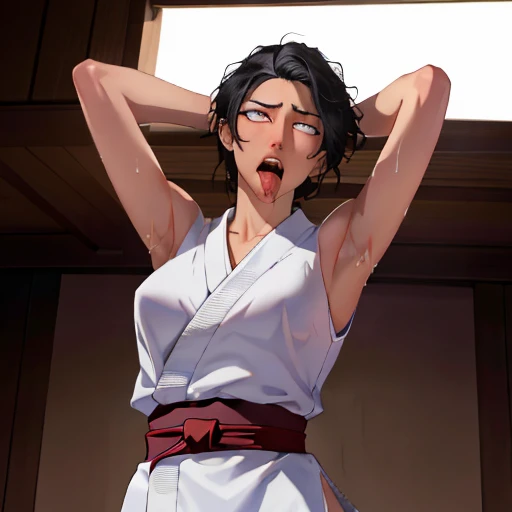 ((((masterpiece, best quality, high resolution)))), Extremely detailed 8K, 1 female, wearing a white Karate gi, (ahegao),white eyes, Small breasts, sash, japanese clothes, No underwear,No eyeballs, Facing the audience, looking at the audience, tired, from below, (Exposed armpit:1.1), ((armpit:1.2)), sexy, Sweating, More and more sweat,(ahegao), (Roll your eyes), open mouth, Sticking out tongue, saliva, Slobber,Skinny, raise arms, (arms above head:1.5)(Ultra HD, Ultra-detailed, Highly detailed, Highly realistic, Ultra-realistic, photograph realistic), (1girl:1.5), (Realistic black hair), (dynamic poses), facing at camera, looking at viewer, (slightly serious face), (perky breasts:1.2), (beautiful detailed face, beautiful detailed eyes), ((worn out karate gi)), (preparing for a fight), sweat, glow, (sunbeam, sunlight), ((cowboy shot)), inside a training gym, seductive, EnvyBetterHands LoCon,