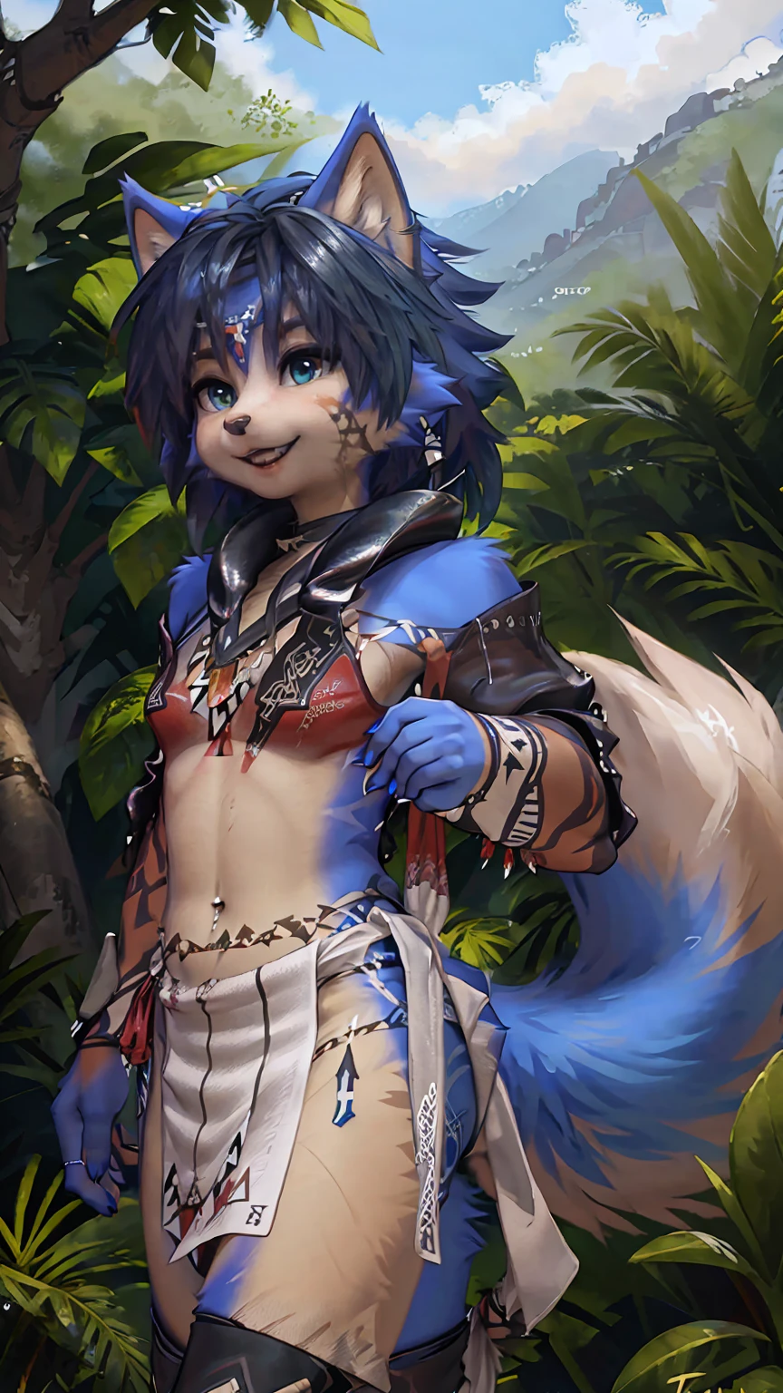 A beautiful and detailed (sweet picture) wa ((krystal)), Star Fox Krystal, sslim, lovable, green eyes, medium breasts, (((Long blue hair 1.3))), ((Tips for black hair)), Decollete, grin, look up,, anthro, furry, Uploaded E621, detailed fluffy fur, (wa Fluff-Kevlar, Bayard Wu, personalize me, Pino Daeni), detailed face, (fluffy), 1 girl, alone, (((Tribal clothing:1.3))), ((leather breastplate)), sweet girl, alone,