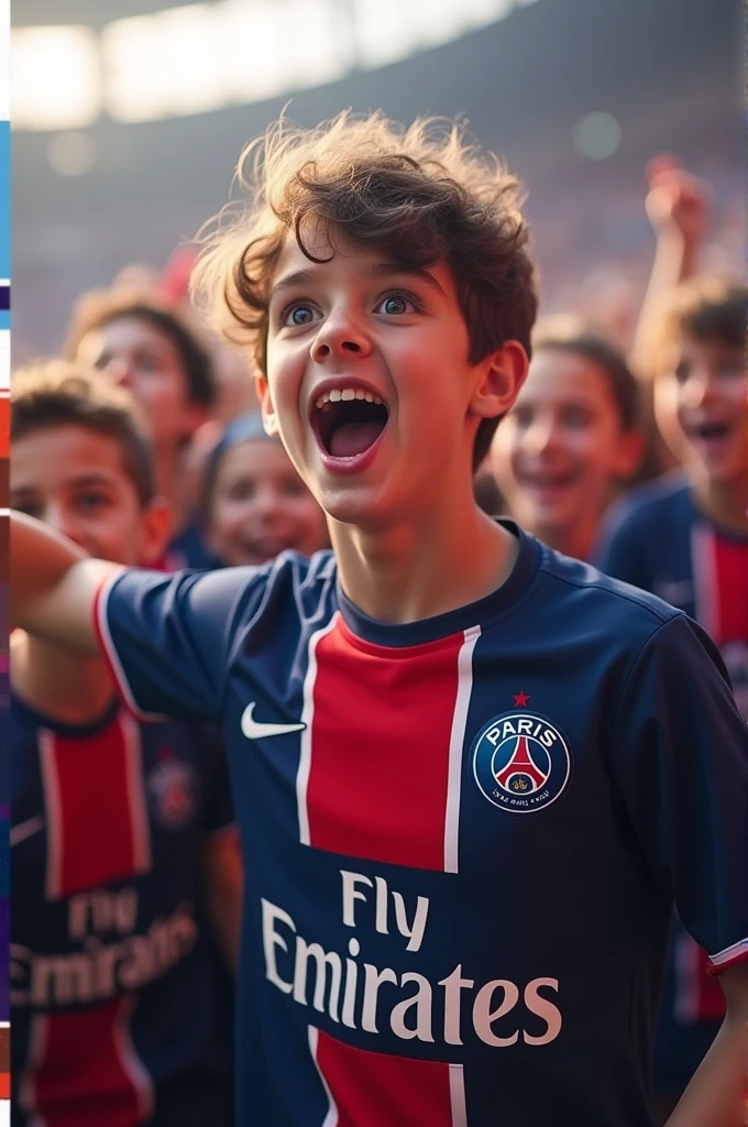 Best quality, masterpiece, 4K, photorealistic, group of young fans are celebrating after Harry Kane scores a goal at a soccer game. Absolute hardcore fans
