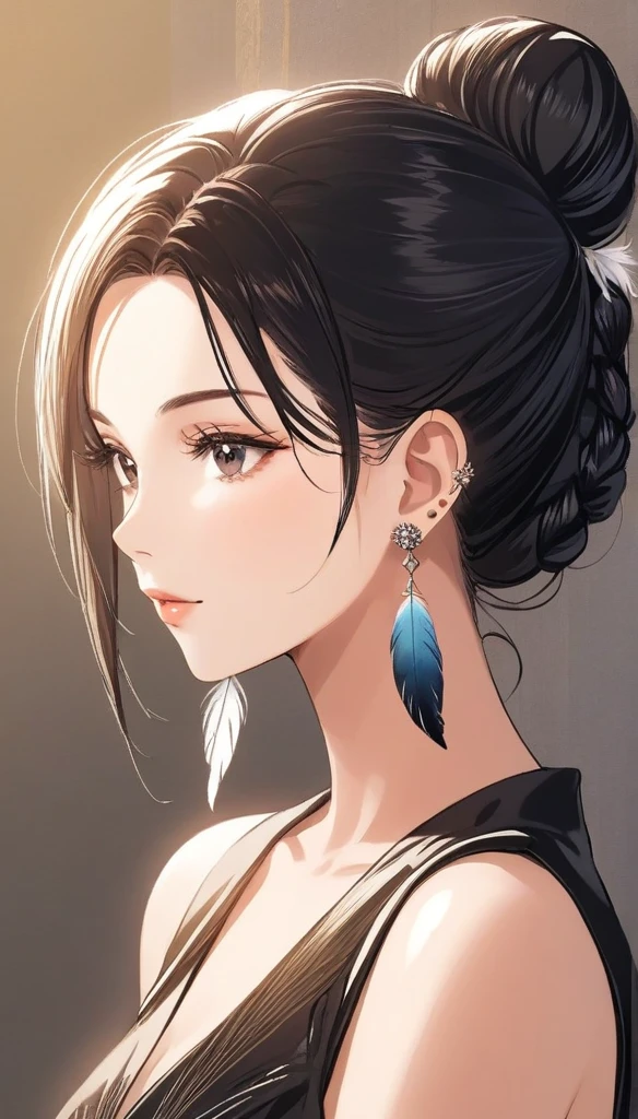(1woman, mature, hair braid bun ,mini top, long feather earrings , detailed alluring