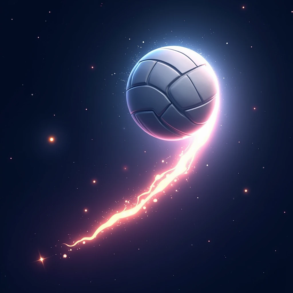 (logo 2d) a volleyball with a glowing comet tail, a bit longer and a brilliant white light. The ball is white and round, and it feels like it's flying with powerful energy, lively, passionate. The balloon flew across like a promising wish.. The comet's tail is thick, glow like aurora, The comet's tail shines brightly. Around the background are other small comets falling down.. Galaxy Universe Colors, comet ball shrinks