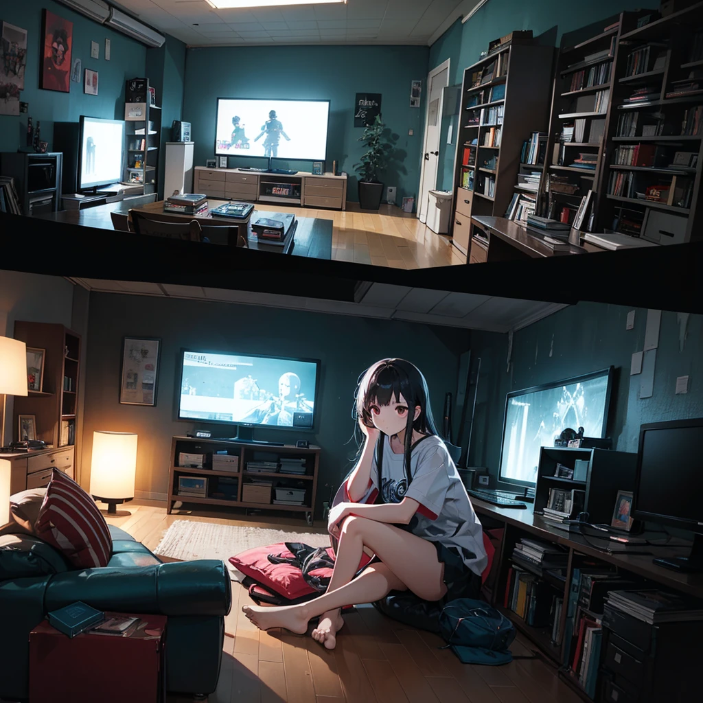There is a girl sitting on the bed in the room playing video games, Large TV, Teen room with books, cyberpunk, Inspired by Liam Wong, night, darkroom, Lo-Fi illustration style, gaming room, Studying in the room, Cyril flips over and m.wakaluta, Teen room.