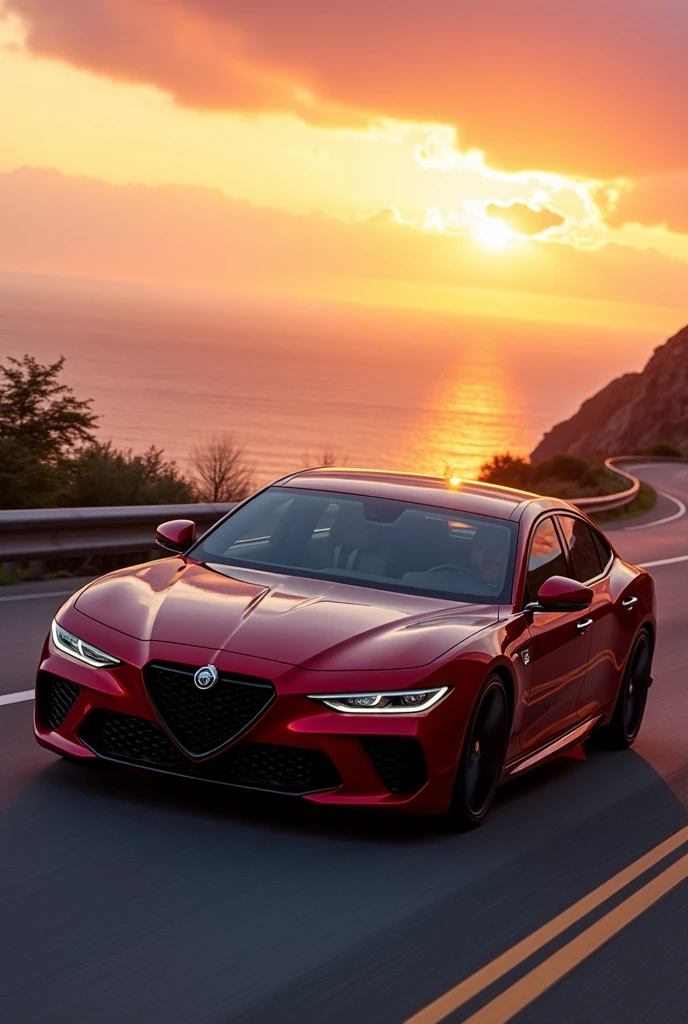 Lancia Thema 8.32 in red, riding seaside sunset
