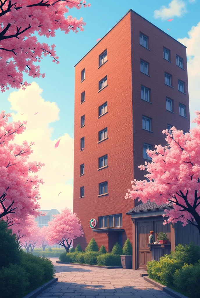 manhwa huge brick wall hotel in the background, five floors. morning setting, no people. cherry blossoms