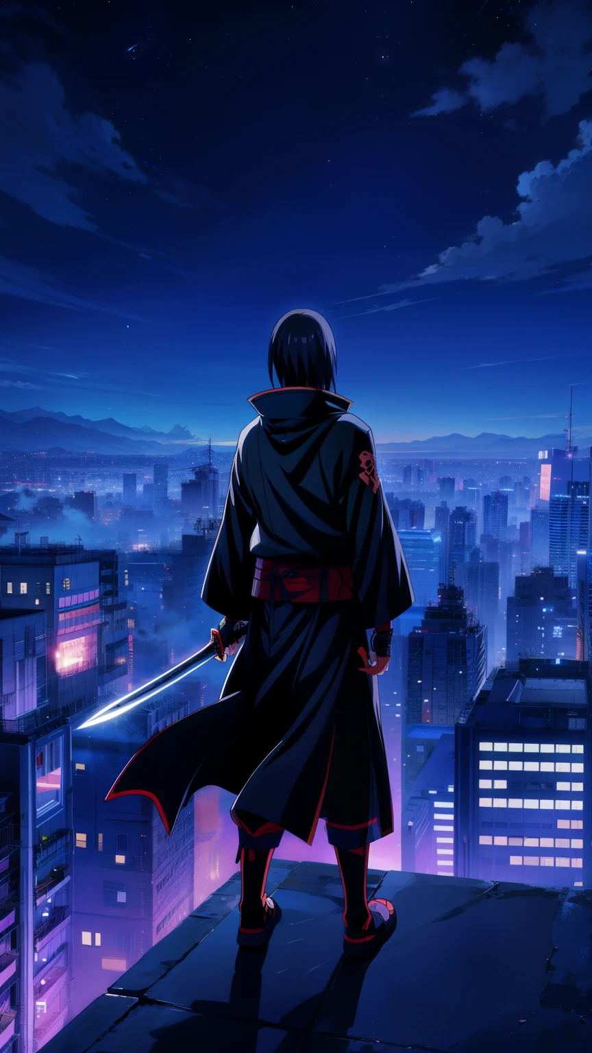 a person standing on top of a building with a sword, itachi, itachi uchiha, top 25 fantasy anime series, hd anime wallpaper, anime hd wallpaper, ultra hd anime wallpaper, anime”, samurai jedi, portrait of ninja slayer, aragorn in an anime world, holding a black katana, anime key visual”, anime hd, anime background, 4k professional painting, game, detailed key anime art, illustation, a beautiful artwork illustration, beautiful digital painting, highly detailed digital painting, beautiful digital artwork, detailed painting 4 k, very detailed digital painting, rich picturesque colors, gorgeous digital painting