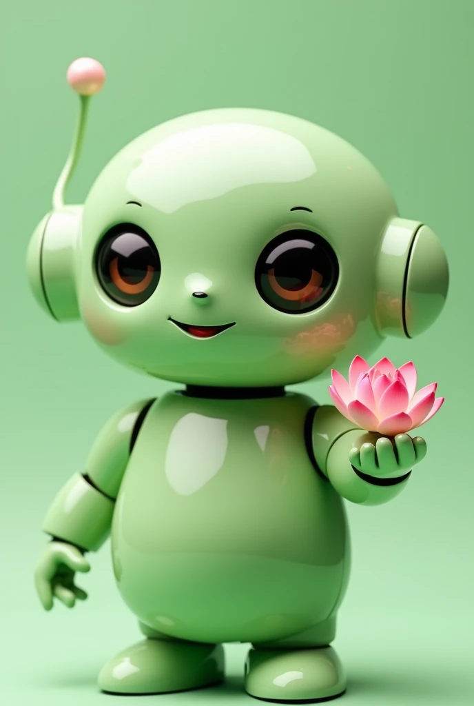Light green chubby friendly robot with a lotus flower in the palm of its hand