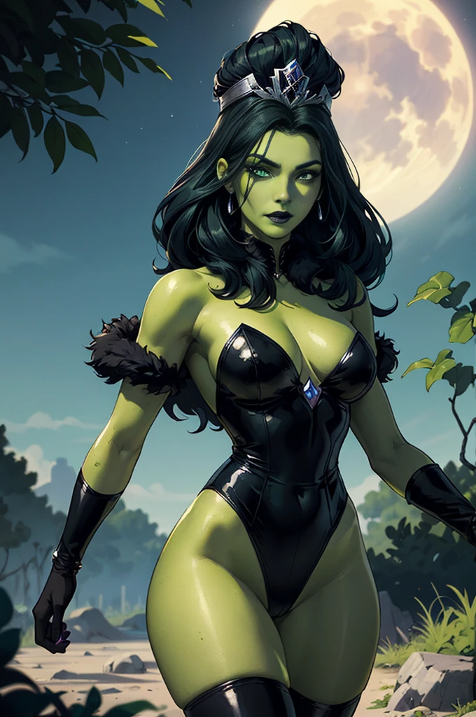 super high quality, super high detail, masterpiece, 4k, 8k, HDR, masters of the universe, (((masterpiece))), high quality, 8k.
a (((green skinned, green skin))) female warrior, She has dark (black hair), long hair, and wears (black leotard with silver trim:1.2), (silver tiara), long black boots, fur fringe, fur shoulder pads. (detailed face, detailed eyes), long eyelashes, ((detailed lips)), narrow eyes, lavender colored eyes, piercing eyes, black lipstick, blue eyeshadow. Good hands, detailed hands. (perfecteyes eyes:1.2). Serious expression, intense eyes, black lipstick.
Show her walking toward the camera, (confidently walking, determined stride:1.1), dynamic exaggerated pose.
Eternia background, multicolor sky, 3 moons in the sky, multiple moons.in a thick dark jungle, vines, purple trees, blue leaves. dramatic shadows.