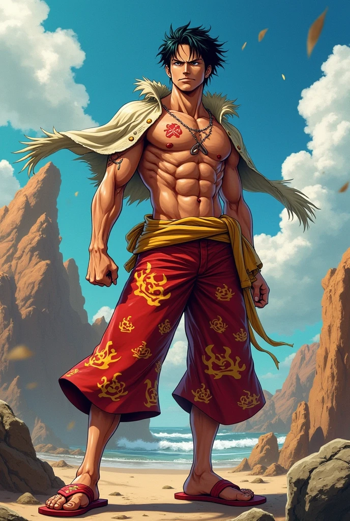 Um personagem de One Piece, He has short hair, Red doesn't wear a shirt, has a scar on his right eye and also has an x-shaped one on his chest and wears pants with fire effects on the hem and wears red flip-flops 