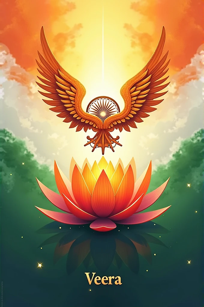 Using Indian flag colours Ashok chakra with wings on lotus flower below with the name Veera under the lotus 