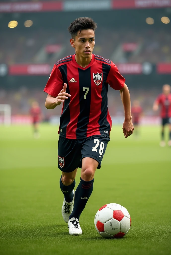 Create a young prospect for Cúcuta Deportivo in their red and black uniform

