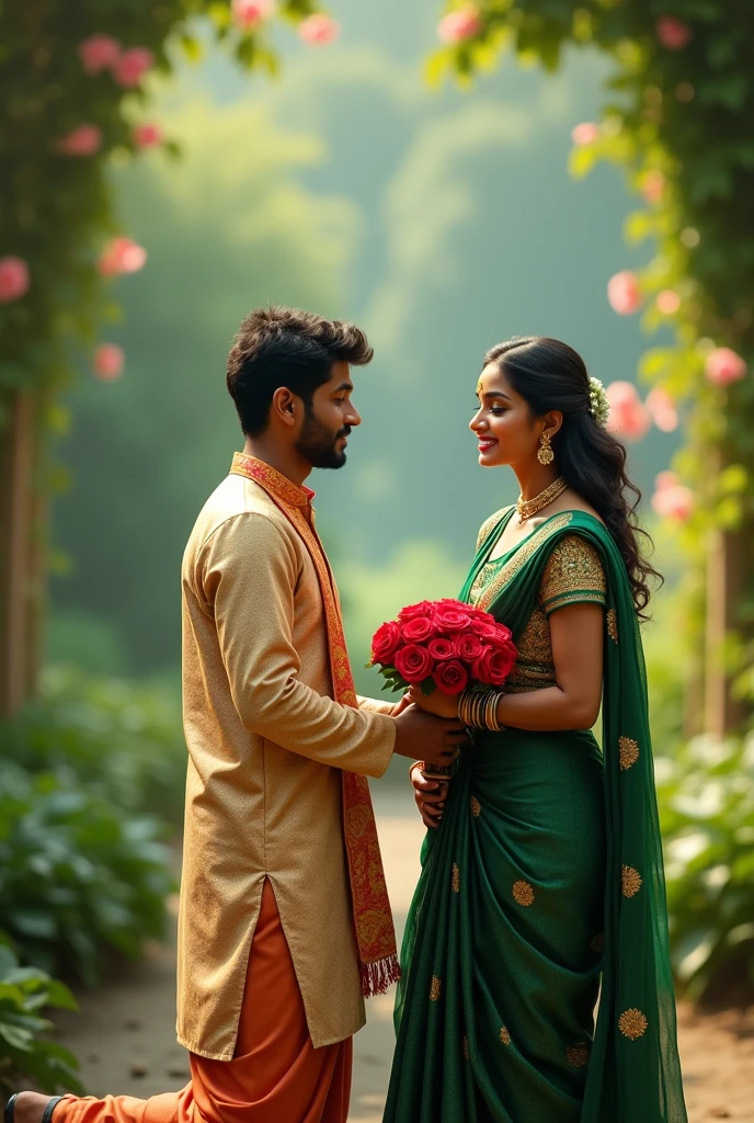 Indian man with red roses proposing a beautiful indian girl wearing green ethnic dress 