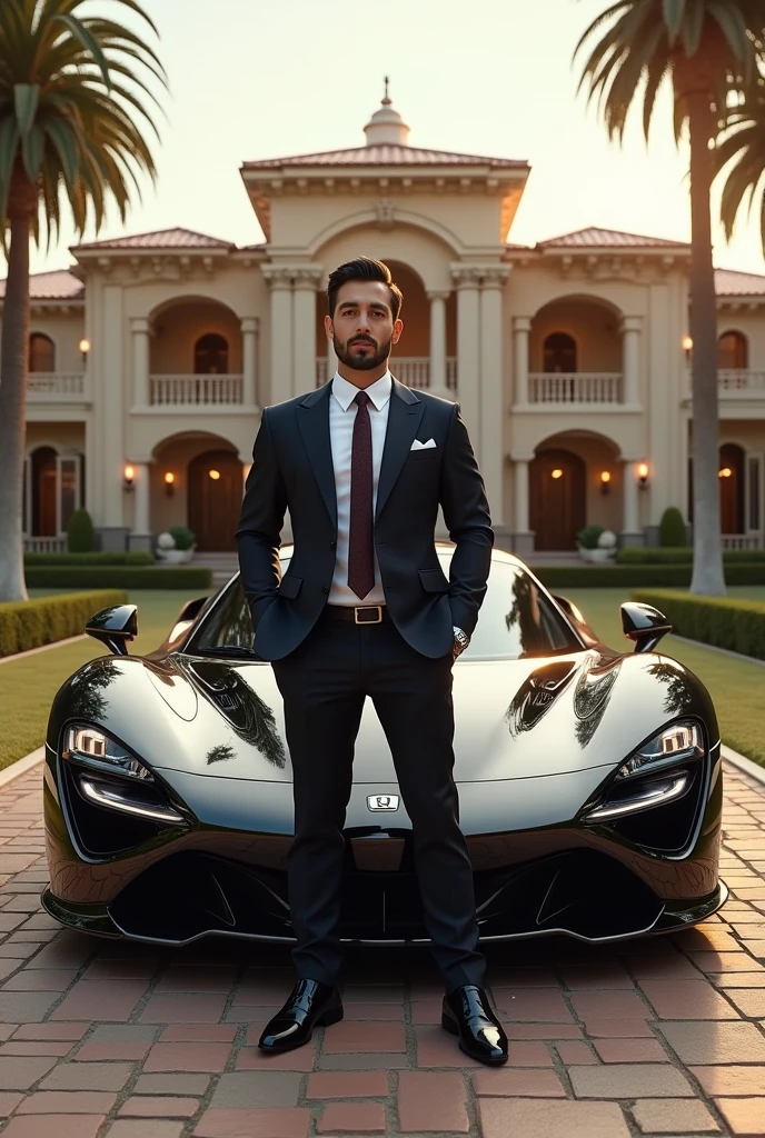 Most expensive luxury mansion and standing man of front with super car full image