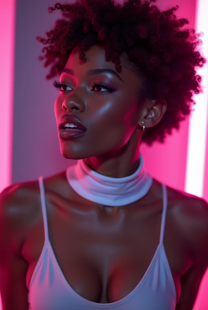 african woman, young, naked, short curly hair, septum piercing, dimples, thick collar around neck, naughty expression, white latex bodysuit, neon lights, giving blowjob, sucking dick, cum in mouth, cum leaking out of mouth, close-up, UHD, retina, masterpiece, accurate, anatomically correct, textured skin, super detail, high details, high quality, award winning, best quality, highres