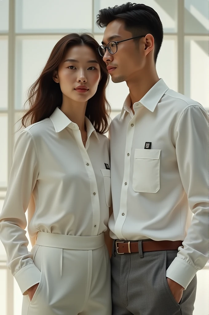 A woman and man with a classic innovative long-sleeved shirt, with pockets that are not noticeable and appliques