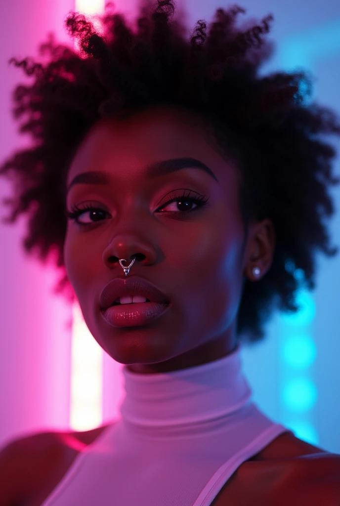 african woman, young, ?????, short curly hair, septum piercing, dimples, thick collar around neck, naughty expression, white latex bodysuit, neon lights, giving ???????, sucking ????, ??? in mouth, ??? leaking out of mouth, close-up, UHD, retina, masterpiece, accurate, anatomically correct, textured skin, super detail, high details, high quality, award winning, best quality, highres