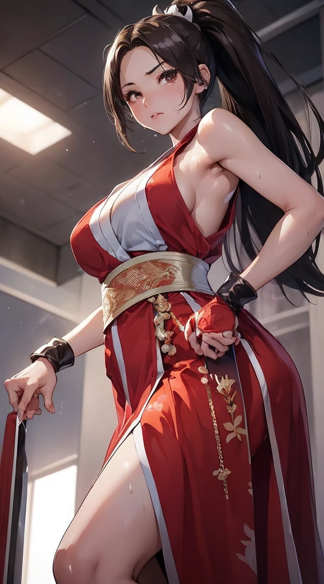 Masterpiece, exquisite, (realistic, woman alone, alone, beautiful face, slender face, beautiful eyes), (breast), thighs, long hair, ponytail, including breasts, red, shinobi, ninja, shoulder out, elbow gloves, skirt curtain, fan, fan