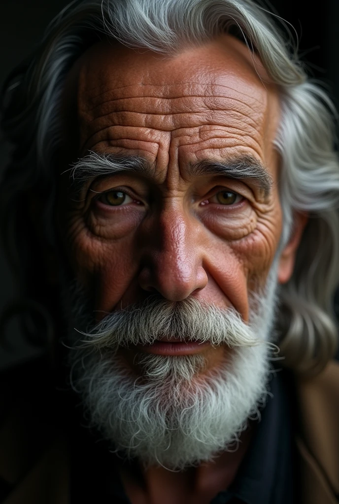 a handsome old man with brown skin, beautiful detailed eyes, beautiful detailed lips, extremely detailed face and skin, long hair, detailed facial features, solo portrait, dramatic lighting, chiaroscuro, cinematic, highly detailed, photorealistic, 8k, (best quality,4k,8k,highres,masterpiece:1.2),ultra-detailed,(realistic,photorealistic,photo-realistic:1.37)