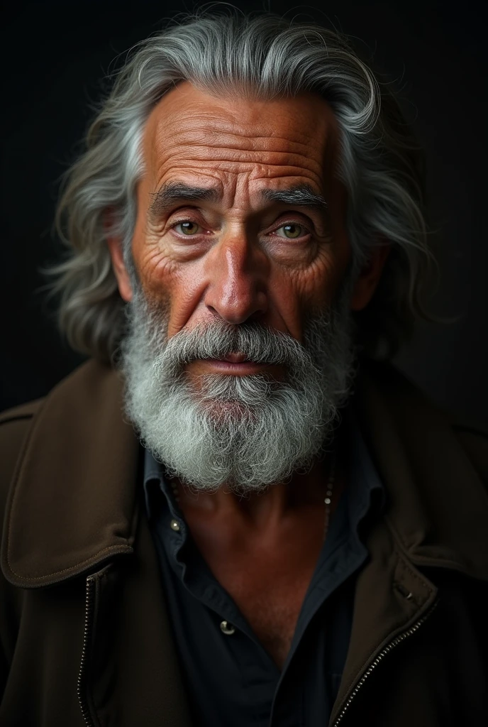 a handsome old man with brown skin, beautiful detailed eyes, beautiful detailed lips, extremely detailed face and skin, long hair, detailed facial features, solo portrait, dramatic lighting, chiaroscuro, cinematic, highly detailed, photorealistic, 8k, (best quality,4k,8k,highres,masterpiece:1.2),ultra-detailed,(realistic,photorealistic,photo-realistic:1.37)