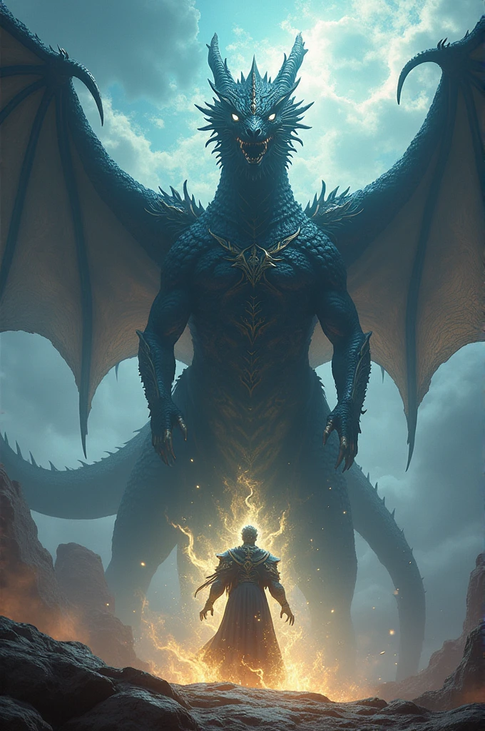 A large black dragon is confronting a giant god.