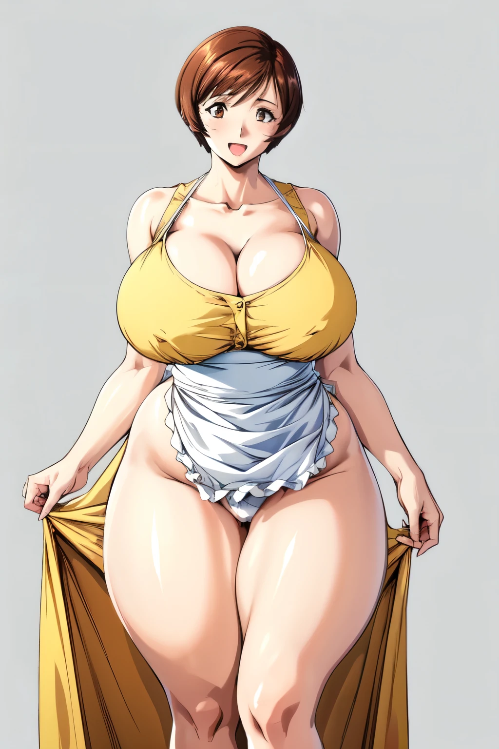 masterpiece, Highest quality, High resolution, One girl, alone, sexual intercourse, Pornographic images, short hair, etsukoto, Brown eyes, fine grain, fine grain, (white skin color), (((Thick thighs, Plump thighs, Voluptuous thighs, Thighs alone are enough))), ((Huge and enough breasts, Cleavage, Big long breasts)), Naughty big,((Big breasts are important))、((Naughty thighs)), L Cup, (thin:1.4),(Tight waist:1.4), (Yellow Dress:1.4), ((white waist apron)), White panties, (((Simple Background))), smile, Open your mouth, ((Wide Hips)), (Shiny skin, Oily skin), Mature mother, Calf, Seductive mature woman, Mature Woman, Perfect body, Plus Size Model, Curvy, enough, etsukoto, blush, clavicle, retro artstyle, 1990s (style), (Thick thighs:1.4), (from side:0.9), (standing), (((spread legs))), bare legs,