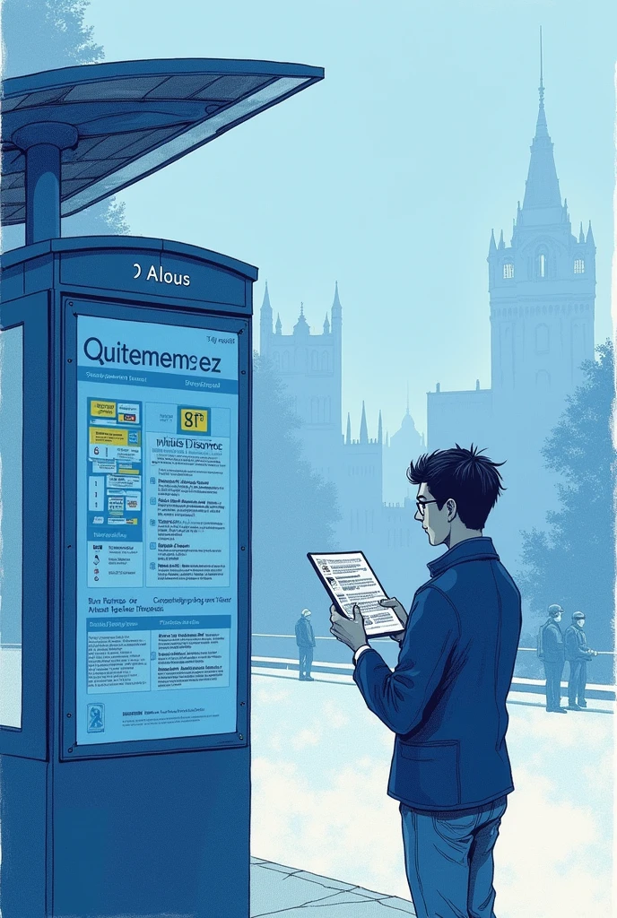 Drawing of a person checking the bus schedule and their route, whether it's close or far, with a blue color palette.