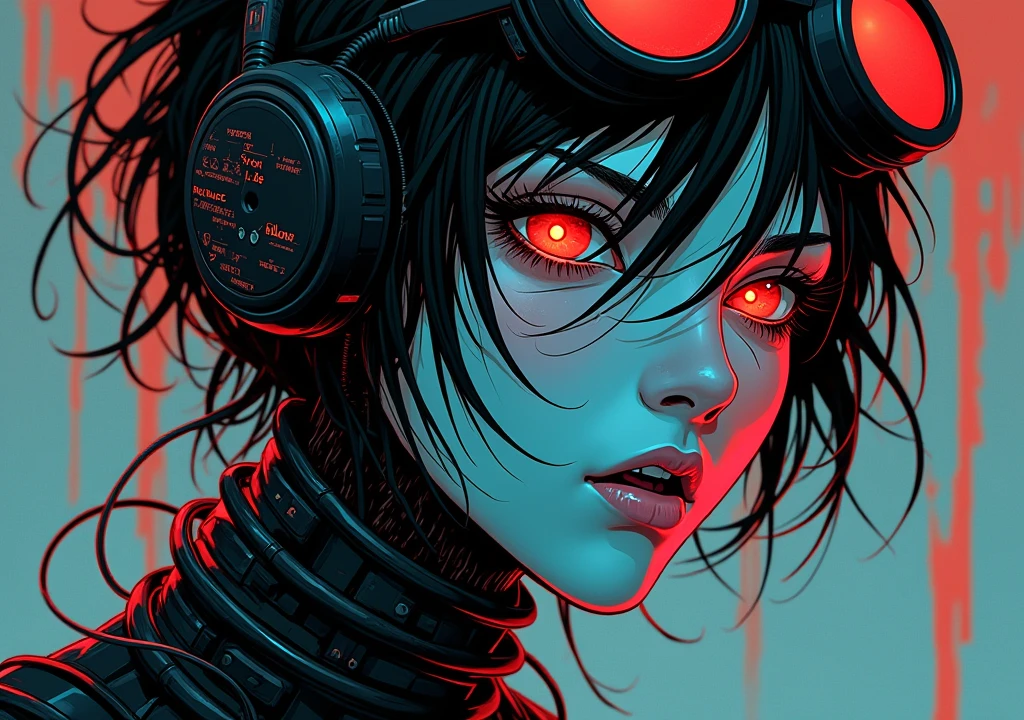 wires taking over,  cyberpunk style, soft focus, Graphic novel, Grindhouse, , vignette, highly,  dynamic angle, best quality, black suit, cyborg, cybernetics, detailed eyes, net runner, circuity,  plug suit corruption, face covered in electronics, infection, swirls, cyborg,  body horror, large breasts, goggles, cyborg, junji ito style,horror,manga, Graffiti Writing, Tech Noir, Sleek, Reprojection Techniques, RE Engine, Symbolist, Chromogenic Prints, (anime style:1.5), High-Speed Photography,cyberpunk, thousands of cables strangling a extremely tired exhausted fatigued with (dark circles:1.3) under the eyes