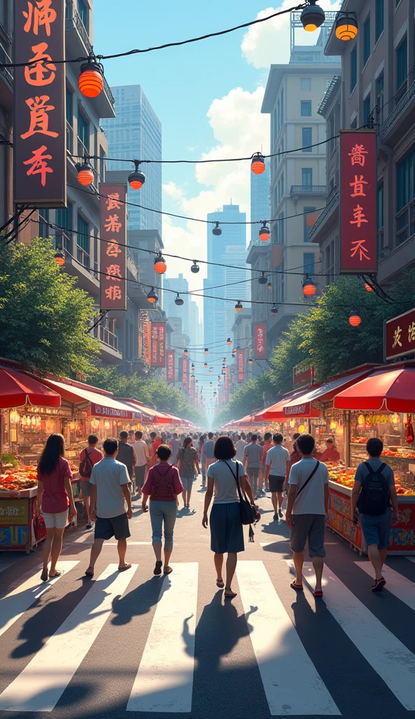 Pedestrians crossing the pedestrian crossings at a street market in a city