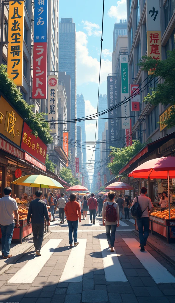 Pedestrians crossing the pedestrian crossings at a street market in a city